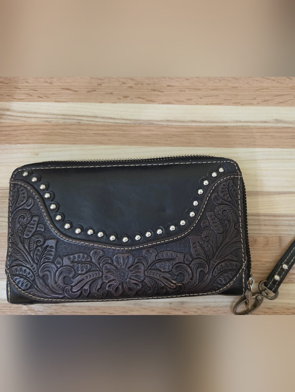 Women's Brown and Black Tooled Leather Wallet with Stud Accents